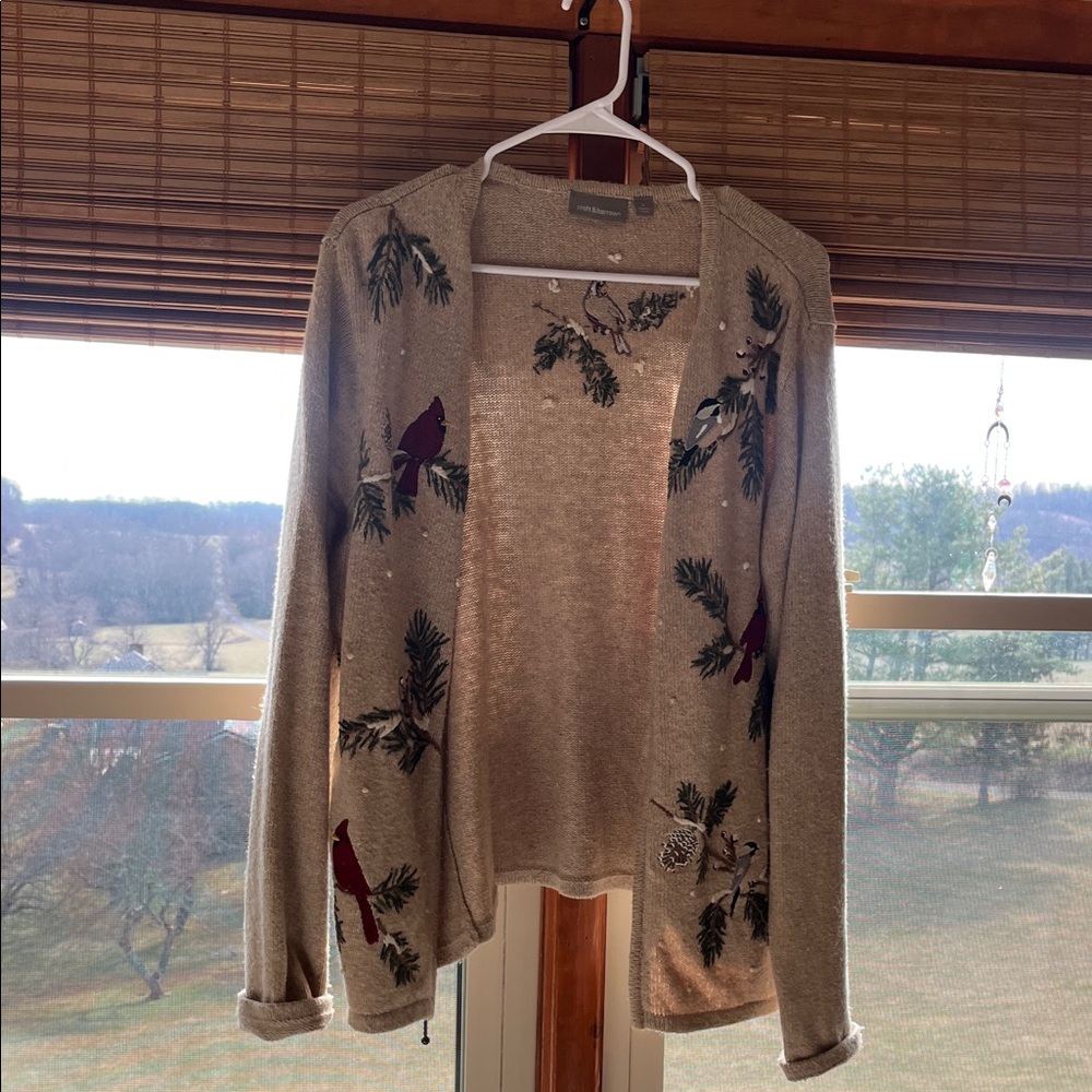 croft & barrow Beige zip up Open-Front Cardigan with Cardinal Embroidery